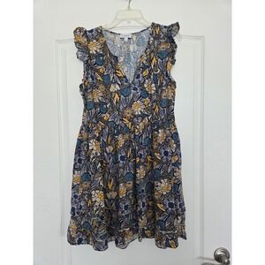 Evereve Floral Print Flutter Sleeve Mini‎ Dress V-Neck Sz L Boho Cottagecore